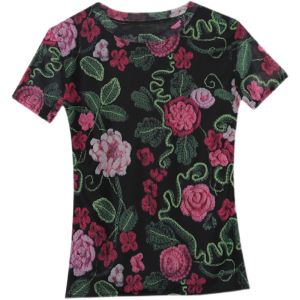 REHIN Womens top Summer fashion mesh three-dimensional floral print short-sleeved T-shirt round neck Slim thin elegant blouse