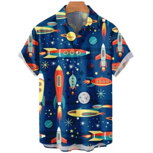 SHUNAICHI  3D Printed Rocket Hawaiian Shirt For Men Cartoon Pattern Blouse Summer Casual Street Aloha Shirts Loose Short Sleeves Button Top