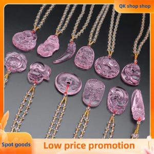 ✨QK shop✨ Chinese Style Pink Imitation Crystal Guanyin Buddha Necklace Versatile Sweater Chain Fashion Jewelry Mothers Day Gift
