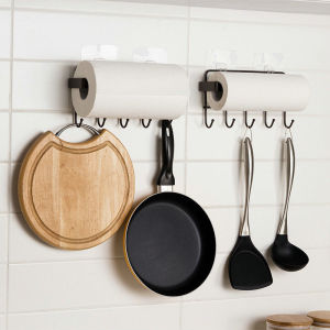Kitchen Utensil Holder Adhesive Hanger Wall Mounted Pot Pan Rack Iron Hanging Utensil Organizer Rail Kitchen Paper Holder with Hooks