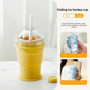 2-in-1 Collapsible Cup 360ml Folding Water Cup with Straw Ice Ball Maker Silicone Ice Mold Travel Tumbler