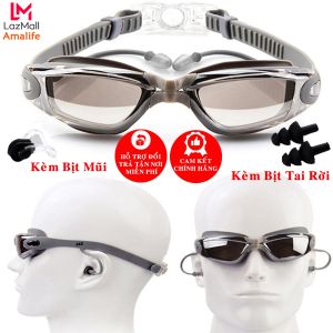 [Màu BẠC] Kính Bơi Tráng Bạc Chống Tia UV Có Bịt Tai Gắn Liền– Kính Bơi Cao Cấp Chống Nước Tặng Kèm Bịt Mũi Kèm Bịt Tai Rời