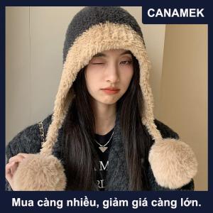 【CANAMEK】 Fluffy sang trọng phụ nữ Beanie cap mùa đông ấm áp lớn Pompom dệt kim tai bảo vệ hat Windproof tuyết trượt tuyết nữ earmuffs mũ