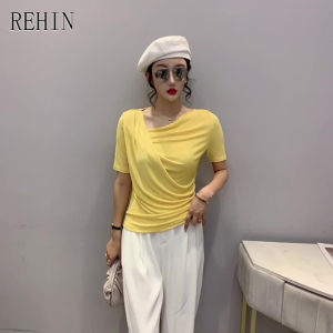 REHIN เสื้อยืดแขนสั้นมีจีบสำหรับผู้หญิงเสื้อผู้หญิงแฟชั่นสุดชิค S-3XL แบบใหม่สำหรับฤดูร้อน