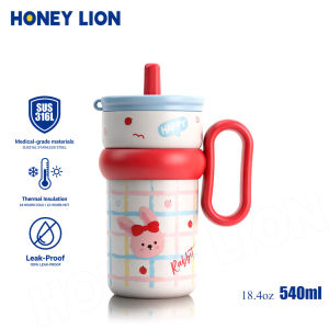 HoneyLion - 540ML Vacuum Insulated Tumbler with Retractable Straw | Leak-Proof Drinking Bottle for Iced Coffee & Bubble Tea | Wide Mouth Portable Travel Mug