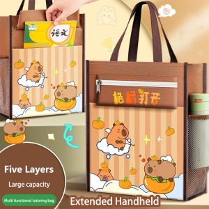 VERMILL Large-capacity Tote School Bag Capybara Five-layer A4 File Bag Multifunction Canvas Art Storage Bag boys girls