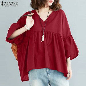 ZANZEA Korean Style Womens Blouse Casual Flare Sleeve V-Neck Loose Pleated A-Line Top Shirt #240312