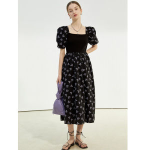 Missliu Fashion Large Size 2025 Womens Collar Floral Dress French New Black Texture Sweet Wind Puff Sleeve Skirt