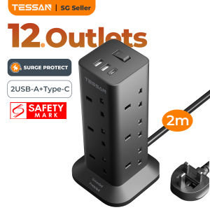 TESSAN SG - SG Safety Mark Tower Socket Black Extension Cord Tower 12 Outlets Surge Protector Power Plug with USB Type C