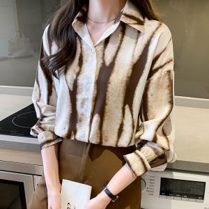High Quality Fabric Long Sleeve Shirt for Women Khaki Black Geometric Pattern Fashion Street Retro Spring and Autumn Lapel Shirt Top