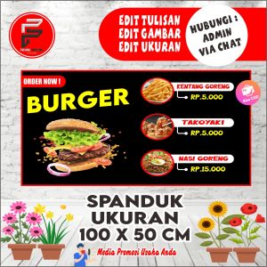 Spanduk Banner Burger Terbaru yang lagi Viral 100x50 cm / Banner Aneka Makanan terbaru Bisa COD