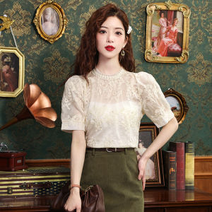 Ammin 2024 mùa hè mới pháp ngọc trai lưới cổ tròn thêu ngắn tay móc áo blouse ren phụ nữ của phiên bản hàn quốc hoa ngọt ngào thiết kế thêu áo blouse thanh lịch