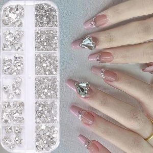 ZEEMIN 12Grids 3D Shiny Clear Glass Rhinestones Nail Charms 6-10mm Mixed Shaped K9 Crystal Nail Jewelry Luxury Gems Crafts Manicure Dec