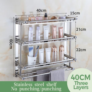 Carbon Steel Towel Rack Storage Racks Organizer Bathroom Shelf Organizer Stainless Steel Wall Mounted Shower room Shelf With Hooks And Adjustable Bar Bathroom Shelves Washroom Accessories Rust Proof Stand Punch-free Paste Installation