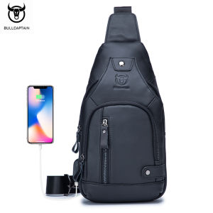 BULLCAPTAIN Leather Chest Bag Small Sling Bag Man USB Charging Shoulder Bag Crossbody Bag