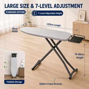 52-inch Foldable Ironing board Quick storage Papan Seterika Height 73-84cm 7-speed Adjustable Multi-hole heat dissipation hanger hook ironing tray Thickened Stainless steel Anti-slip and stable Removable and washable 熨烫板