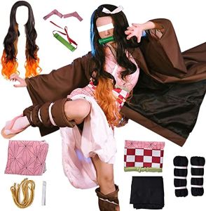 LUXA Kids Anime Demon Slayer Kimetsu no Yaiba Nezuko Cosplay Wigs Kimono Cosplay Costume