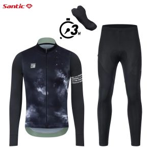 Santic Men Cycling Jersey Pant Sets 4D Padded Winter Thermal Professional Reflective Windproof Bike Suits