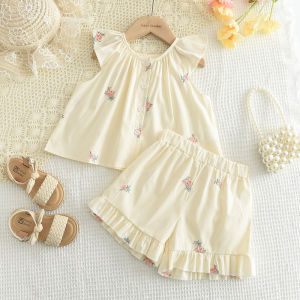 Menoea Baby Girl 2025 Summer New Fashion Outfits Flower Grid Fly Sleeved Top+ruffled Shorts 2pcs Set Kids Sweet Cute Casual Wear