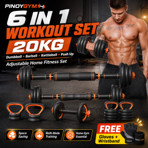 6-in-1 Adjustable Dumbbell Set 20KG Barbell Kettlebell Push Up Stand Home Gym Workout Equipment with Free Gloves & Wristband