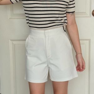 กางเกงขาสั้น เอวสูง ผ้าโรเชฟ-ซิปหน้า ไซส์S-3XL