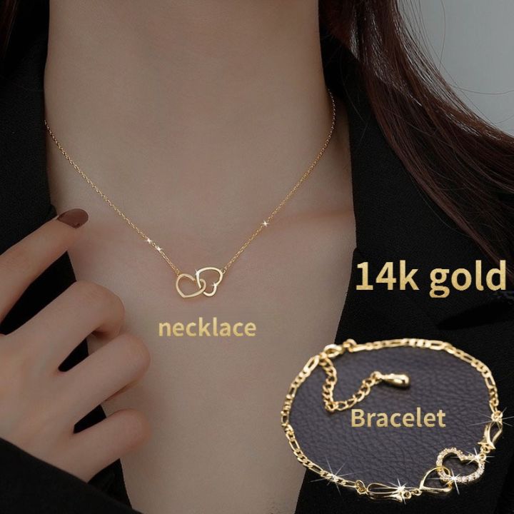 2pcs/set new double ring heart-shaped 14k gold necklace female clavicle  chain simple temperament female luxury zircon bracelet jewelry set jewelry 