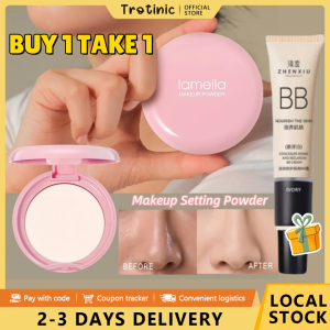 Trotinic 【buy1 take 1】LAMEILA Pressed Powder Waterproof Oil Control Makeup Setting Powder Pressed Powder Brightening Cake Light Concealer Foundation For All Skin Types With Mirror
