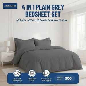 4-in-1 Grey Bedding Set Fitted Sheet Zipper Duvet Cover 2 Pillowcases Soft Hotel Quality Bedsheet Set for Bedroom Comfortable Mattress Cover All Sizes