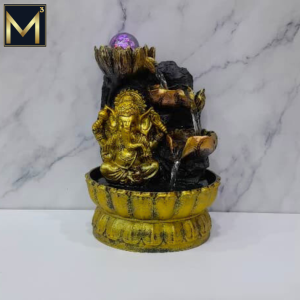 Golden Ganesha Cascading Water Fountain with LED Crystal Sphere