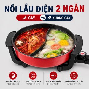 Nồi lẩu điện 2 ngăn Mishio MK112 5L - màu đỏ tùy chỉnh 5 mức nhiệt chất liệu thép phủ chống dính quai cầm chống nóng