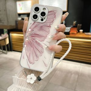 Case For iPhone 15 Pro Max 14Pro 13Pro Glass Back Soft Frame Hard Phone Cover Wiht Hand Strap Gilded Butterfly 11ProMax 14Plus 15Plus XSMAX XR