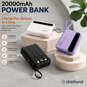 Fast Charging 20000mah Portable Power bank RII R08 New  with 4 Cables  with Built-in CABLE for USB iPhone Type and Micro Cable