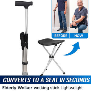 Trekking Pole with Seat Portable Foldable Walking Stick Chair Lightweight Adjustable Cane Stool for Elderly Outdoor Multifunctional Hiking Staff Support