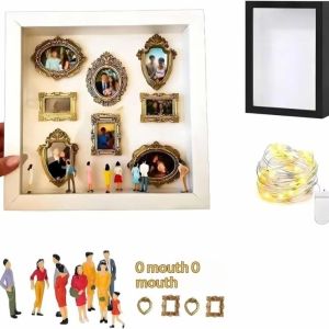 UNMEGONI Mini Figurines DIY Mini Museum Silhouette Box LED Light String Gold Frames Memory Display Kit Creative Memory Preservation Photo Frame for Anniversary Gift