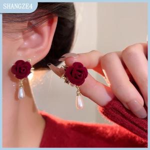 【SHANGZE4】 New Rượu Vang Nhung Đỏ Tăng Ngọc Trai Bông Tai Cho Phụ Nữ Cổ Điển Màu Đỏ Tăng Thanh Lịch Cao-End Đinh tán Bông Tai Đồ Trang Sức Phụ Kiện