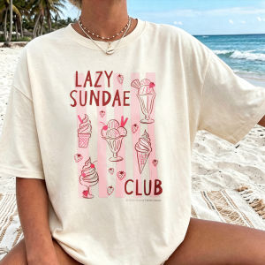 [Local Stock] HBESTY  Women Lazy Sundae Club Ice Cream Cone Striped Print T Shirt Pink Sketch Graphic Cotton Tee Sweet Casual Daily Ladies Summer Tops
