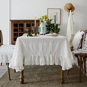 French White Cotton Tablecloth Ruffled Lace Embroidered Fabric Tablecloths Rustic Table Cover for Home Holiday Party Christmas2026
