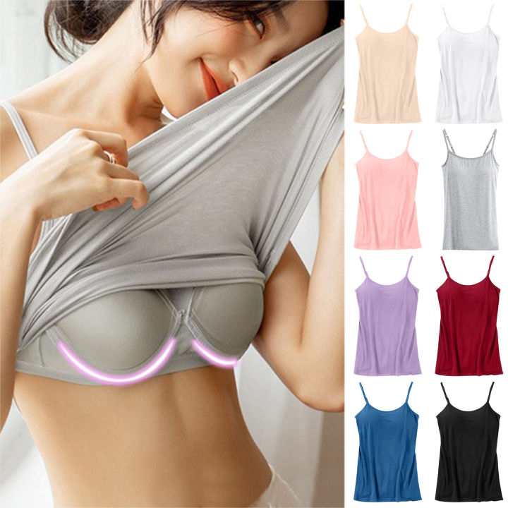 Summer Sleeveless Shirt for Women Compression Shirt Built In Bra Tank Top  Adjustable Strap Padded Bra Tank Top Basic Layering Camisole
