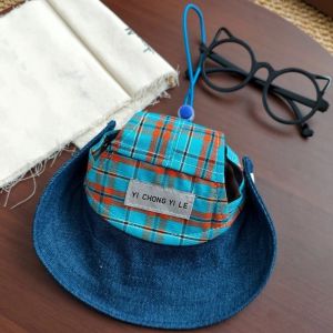 K0Y9VB4G Adjustable Pet Sun Protection Denim Hat Breathable Checkered Dog Fisherman Hat Cute Lightweight Dog Visor Cap Summer