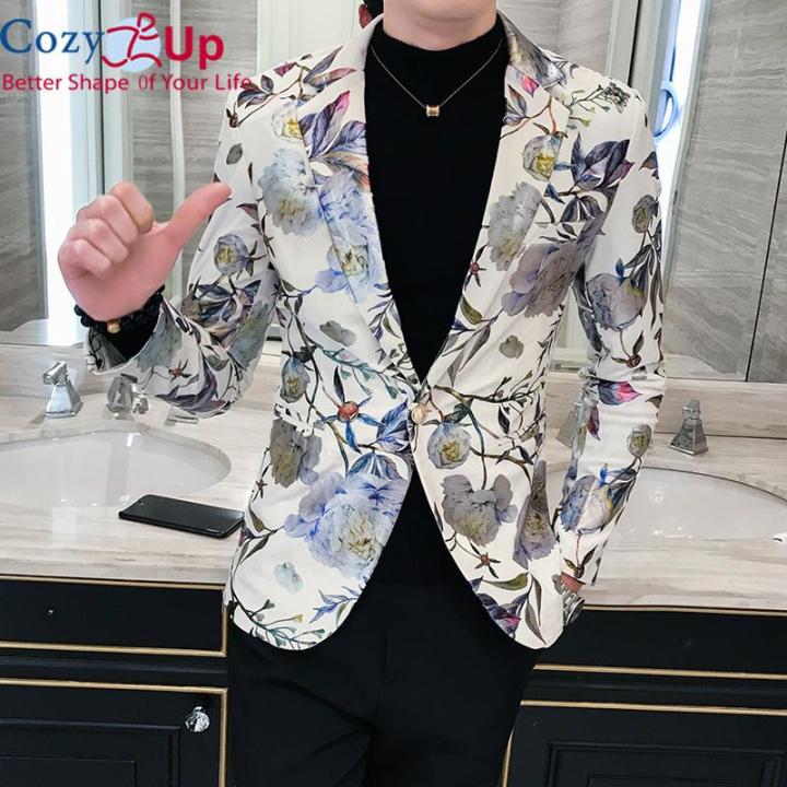 Cozy Up Mens Blazer Luxury Flora Printed Single Breasted Prom