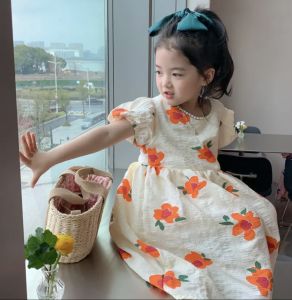 dress anak 2-8thn 100% sesuai import korea style terusan gaun pesta anak perempuan orange jeruk katun
