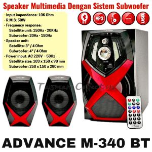 Speaker 2.1 Multimedia with Subwoofer System RMS 50 Watt - Advance M-340 BT | Advance M340BT Speker Audio Multimedia 2.1 Super Woofer Bluetooth Super Bass - USB - SD Card - Radio - Remote - Speaker Bluetooth~Tasman Collection