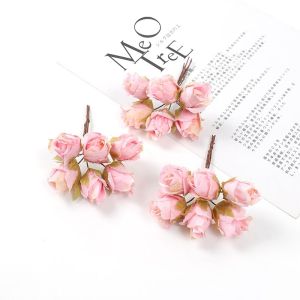 6PCs/Lot Mini Artificial Rose Flowers Bouquet Home Room Decor Silk Rose Fake Flowers Wedding Party Flower Wall Decoration DIY Crafts Simulation Flowers