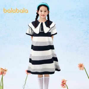 balabala Girls Dress ChildrenS Dress 2024 New Summer Dress Big Child Stripes Color Contrast Big Lapel Tide