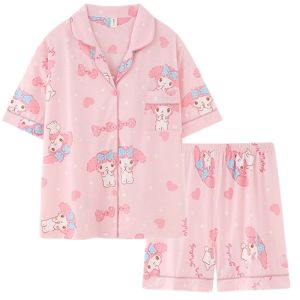 CHARMI Printed Kuromi Cinnamoroll Summer Nightwear Melody Candy Color Women Cartoon Sleepwear Casual V-neck Kuromi Short Sleeves Pajamas Set Girl