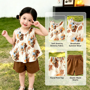 AILEBE Kids Sets Terno Off-Shoulder Floral Top Shorts Set Four-Way Stretch Breathable Summer Wear Soft Comfy Flexible Fit Trendy OOTD Pambahay For Baby Girls 1-10 Years Perfect For Parties Beach Daily Outings