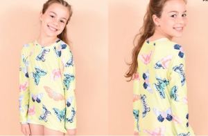 Baju Renang Anak Lengan Panjang | Swimwear Kids Long Sleeves - Butterflies Neon Size 8 Tahun