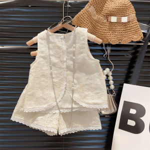 Bear Leader Flower Embroidery Summer Girls Sets Sleeveless Lace Vest + Shorts Outfits 3-7 Years Round Neck Kids Cotton Clothes