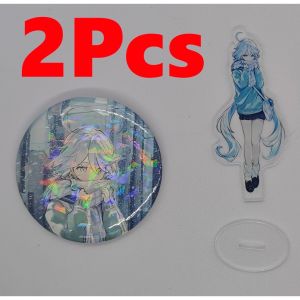 Furina Acrylic Standee With Round Base Tinplate Can Badge Set Of 2 Holographic Button Winter Snow Artwork Anime Desk Display Collection