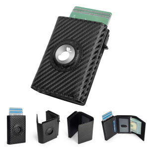 Cross-Border in Stock Carbon Fiber Hot Mens Leather airtag Wallet Custom Tri Fold Card Holder Large Capacity Card Position